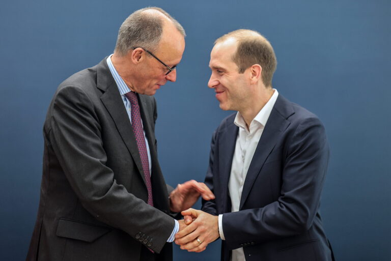 epa11937629 Christian Democratic Union (CDU) party leader and chancellor candidate Friedrich Merz (L) congratulates CDU Hamburg chairman and top candidate for the state election, Dennis Thering (R), before the federal executive committee's meeting following the Hamburg regional elections, at the Konrad-Adenauer-Haus, the CDU headquarters, in Berlin, Germany, 03 March 2025. Hamburg's state election took place on 02 March 2025, with the CDU party placed second after the Social Democratic Party (SPD). EPA/HANNIBAL HANSCHKE