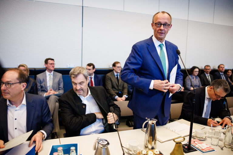 epa11953693 Chairman of the Christian Democratic Union (CDU) party and faction Friedrich Merz (3-L) stands next to State Premier of Bavaria and Christian Social Union (CSU) chairman Markus Soeder (2-L) and Christian Social Union (CSU) regional group chairman in the German parliament Bundestag Alexander Dobrindt (L) and Christian Democratic Union (CDU) and Christian Social Union (CSU) faction parliamentary manager in the German parliament Bundestag Thorsten Frei (R) during a parliamentary group meeting of the Christian Democratic (CDU) and Christian Social Union (CSU) at the German parliament Bundestag in Berlin, Germany, 10 March 2025. EPA/CLEMENS BILAN