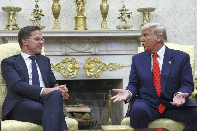 President Donald Trump meets NATO Secretary General Mark Rutte in the Oval Office at the White House in Washington, Thursday, March 13, 2025. (Pool via AP)