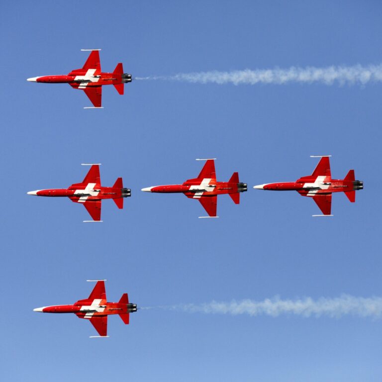 Members of the Patrouille Suisse, part of Switzerland's air force, perform at the air show in Dittingen, Switzerland on Saturday, August 29, 2009. (KEYSTONE/Georgios Kefalas)