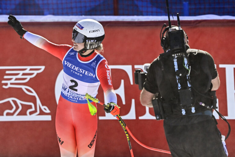 Jasmine Flury of Switzerland reacts in the finish area during the women's downhill race at the 2023 FIS Alpine Skiing World Championships in Courchevel/Meribel, France, Saturday, February 11, 2023. (KEYSTONE/Jean-Christophe Bott)