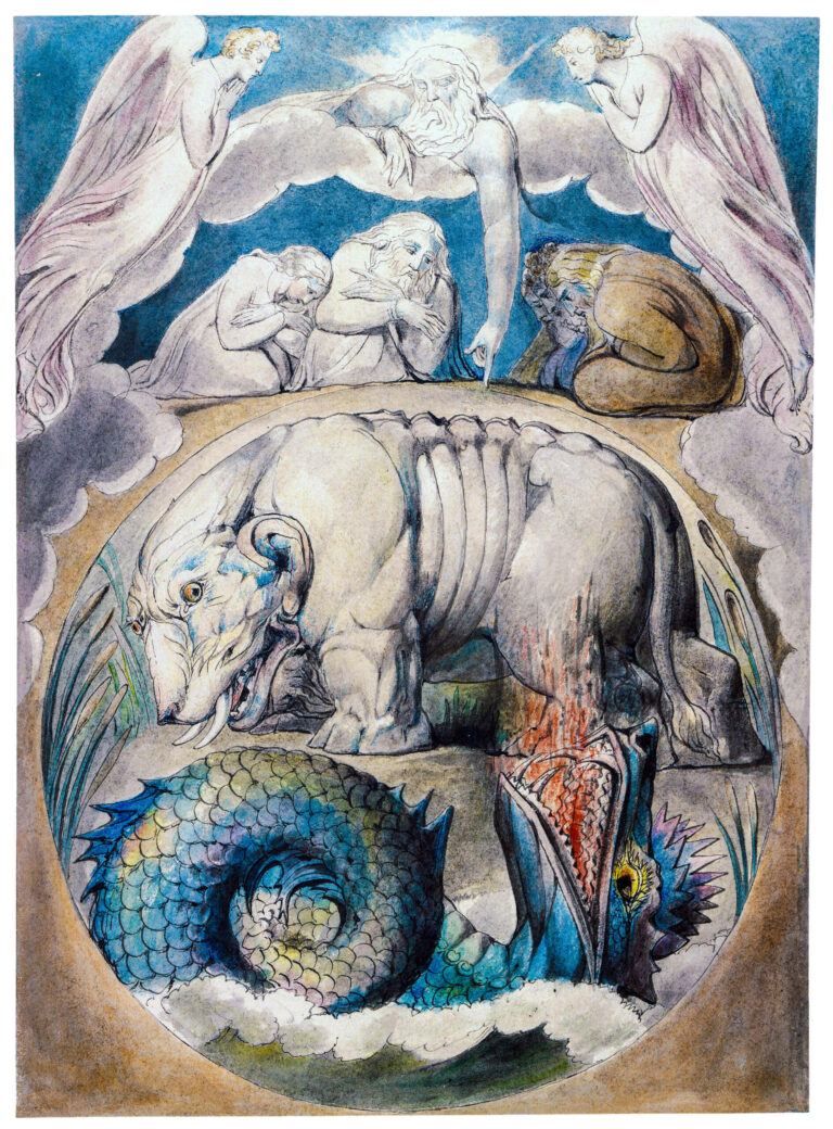 RY92NE Behemoth and Leviathan, painting by William Blake, 1805, pen and ink with watercolour, illustration