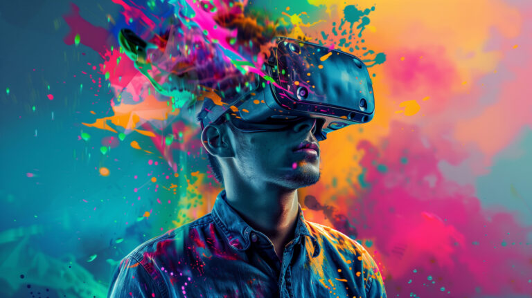 Man with Virtual Reality Headset Surrounded by Colorful Abstract Splashes