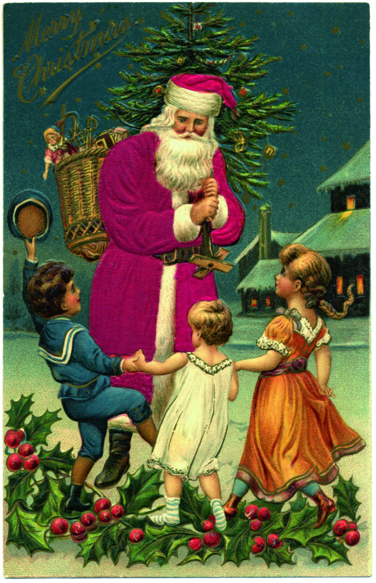 E92XP7 Santa Claus with Three Children, Merry Christmas, Postcard