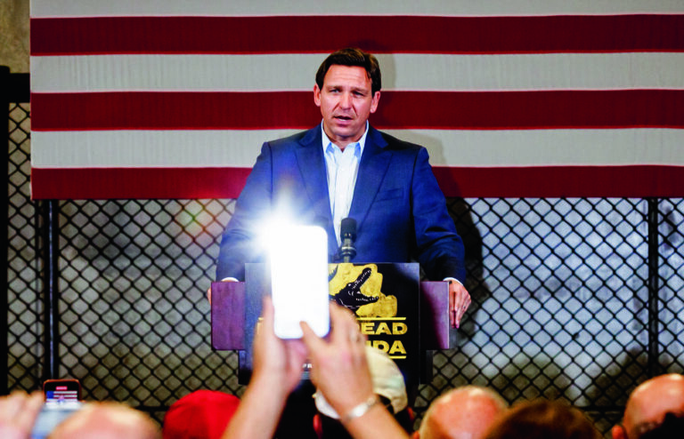 Gov. Ron DeSantis speaks at a campaign event in Coconut Creek, Fla. on Friday, Nov. 4, 2022. (Scott McIntyre/The New York Times)