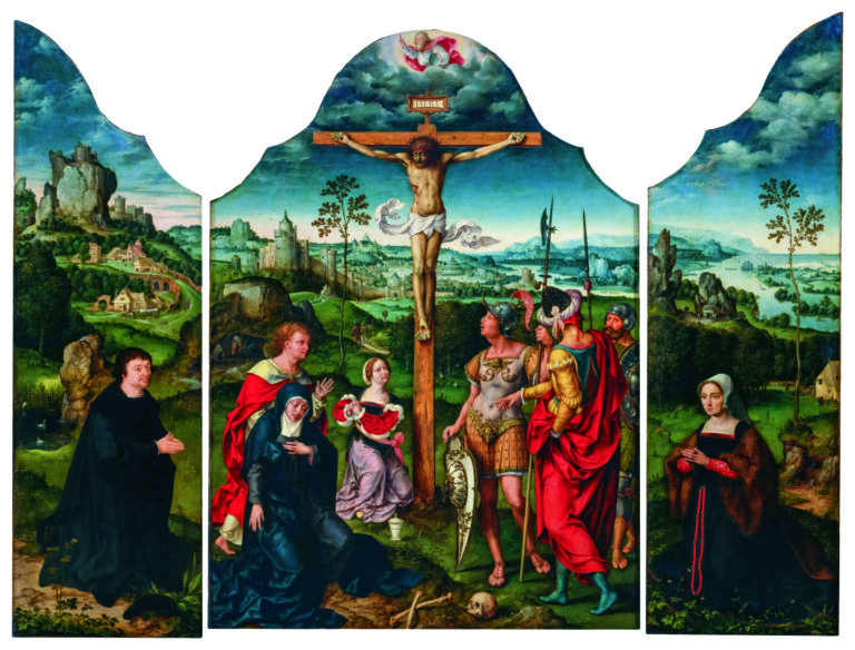 2RAXK5H Joos van Cleve, Triptych: The Crucifixion Flanked by the Kneeling Donor and His Wife, painting in oil on panel, before 1541