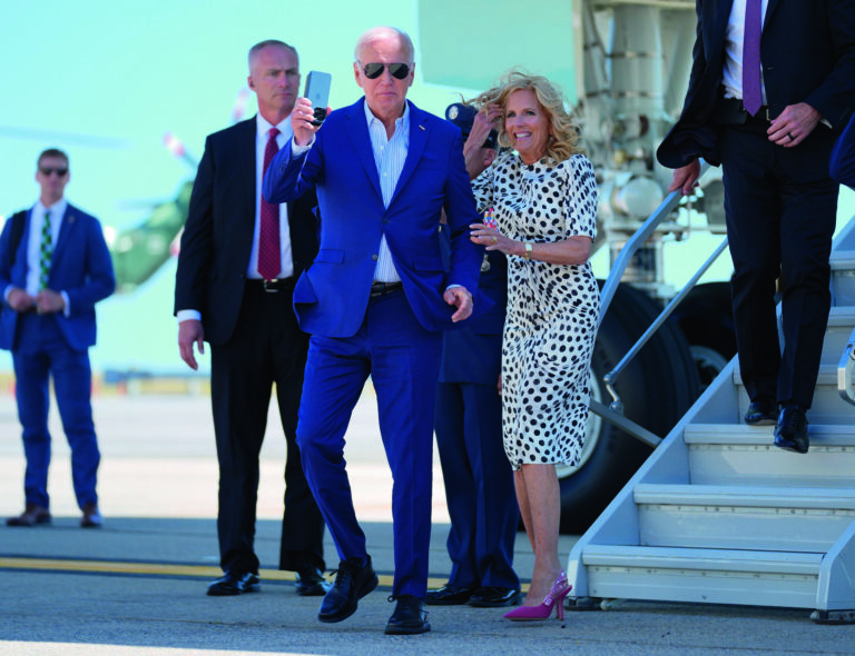 President Joe Biden, center left, and first lady Jill Biden, center right, arrive at John F. Kennedy International Airport, Friday, June 28, 2024, in New York. (AP Photo/Evan Vucci)